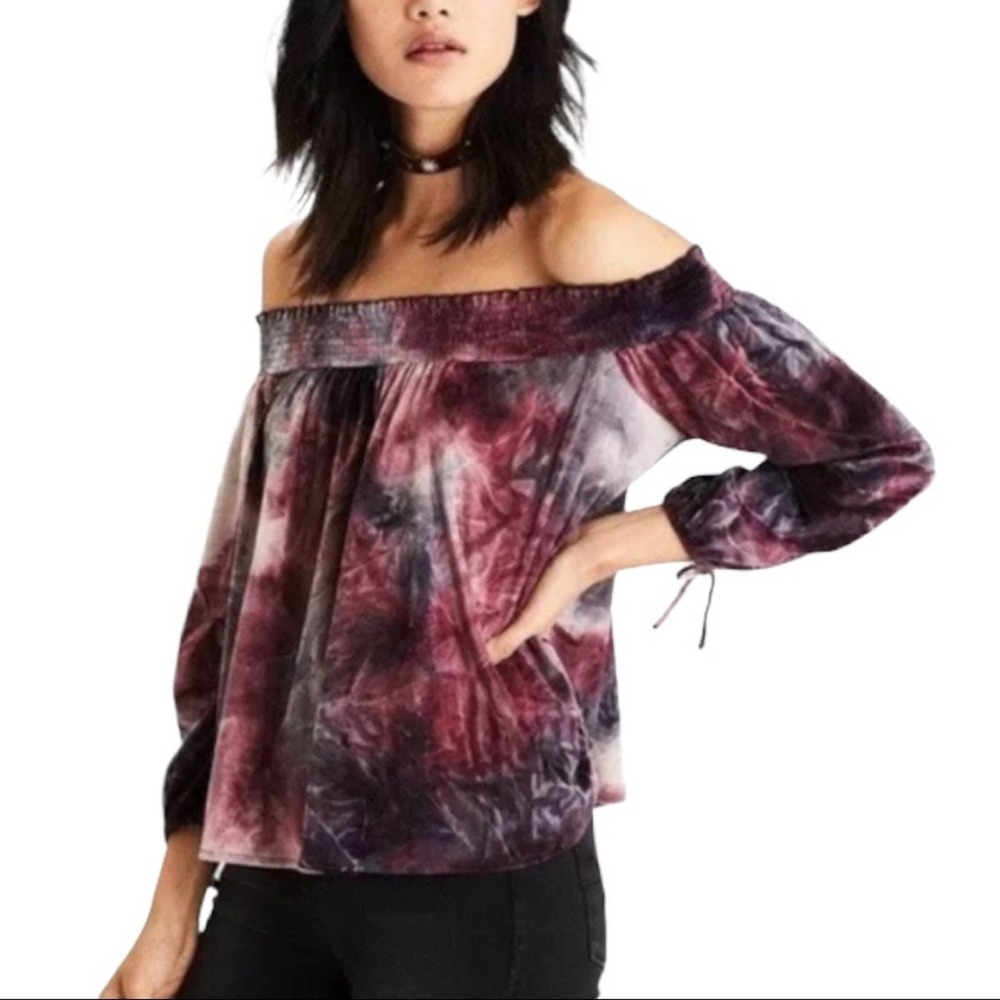 AMERICAN EAGLE | Pink Gray Tie Dye Crushed Velvet Off-the-Shoulder Top